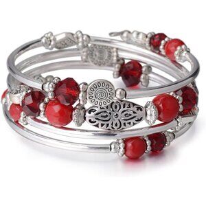 Women's Red Stackable Beaded Boho Wrap Silver Zinc Layered Bracelet